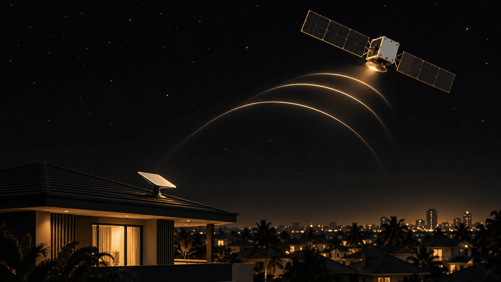 Satellite internet connecting a neighbourhood at night